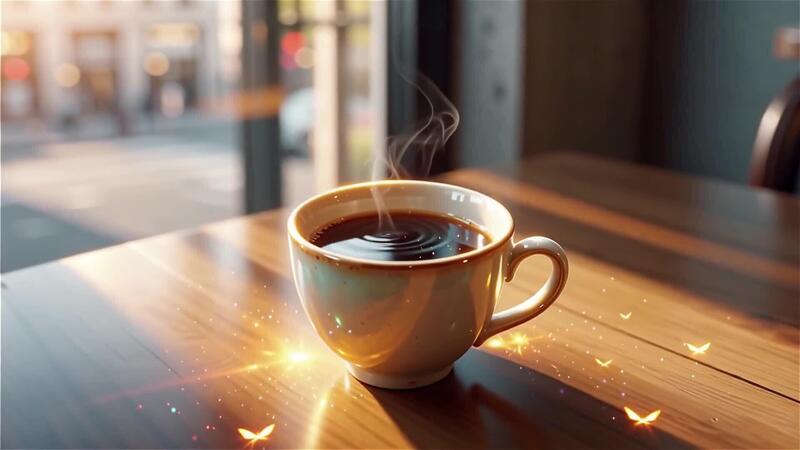 A cup of coffee placed beside a whisky glass on a warm wooden table.